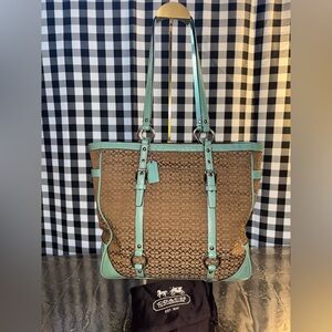Coach Gallery Signature Jacquard and Teal Patent Leather Tote 2008